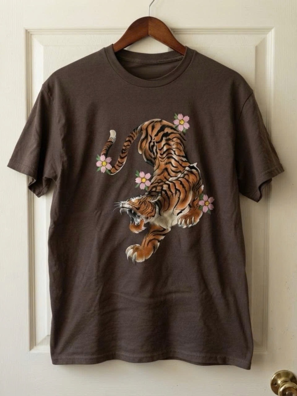 Brown Tiger Graphic Tee with Floral Accents